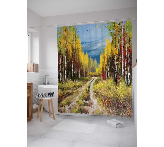 Штора (занавеска) для ванной JoyArty "Дорога в березовой роще" из сатена, 180х200 см с крючками, sc_2518