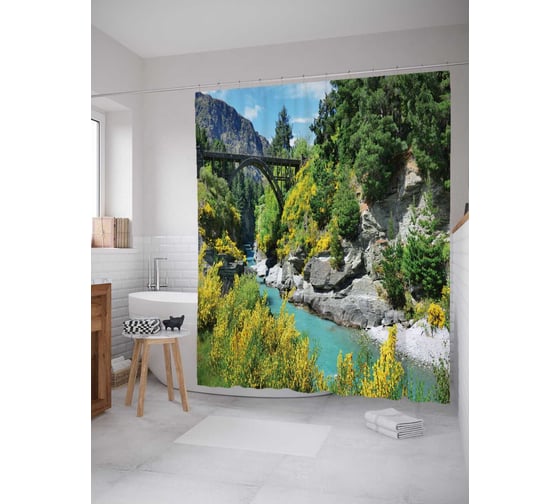 Штора (занавеска) для ванной JoyArty "Горный мост" из сатена, 180х200 см с крючками, sc_19315 1