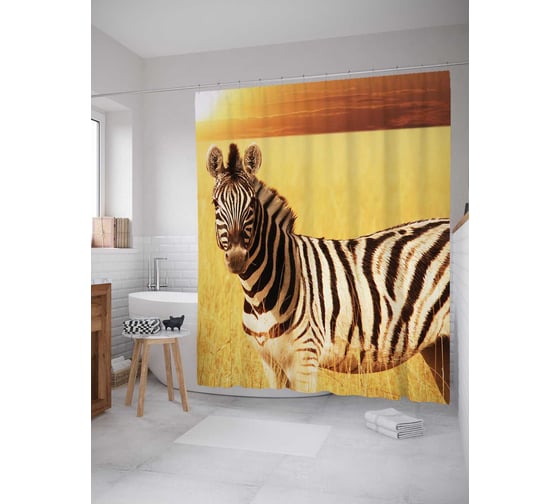 Штора (занавеска) для ванной JoyArty "Зебра с любопытством" из сатена, 180х200 см с крючками, sc_2519 1