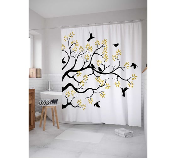 Штора (занавеска) для ванной JoyArty "Загадочные птицы" из сатена, 180х200 см с крючками, sc_14251 1