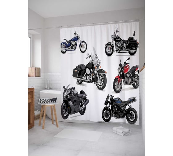 Штора (занавеска) для ванной JoyArty "Шесть мотоциклов" из сатена, 180х200 см с крючками, sc_18231 1