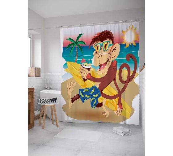 Штора (занавеска) для ванной JoyArty "Отпуск обезьяны" из сатена, 180х200 см с крючками, sc_18152 1