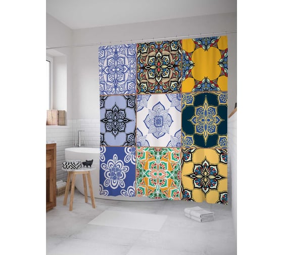 Штора (занавеска) для ванной JoyArty "Плитка с цветочными узорами" из сатена, 180х200 см с крючками, sc_17028 1