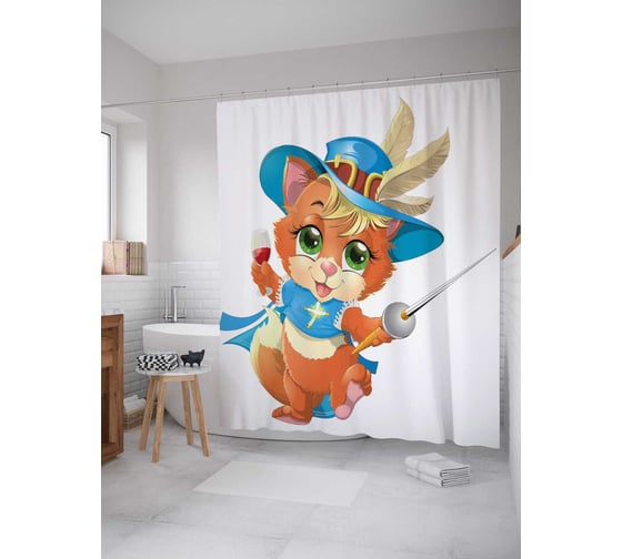 Штора (занавеска) для ванной JoyArty "Кот мушкетер" из сатена, 180х200 см с крючками, sc_15564 1