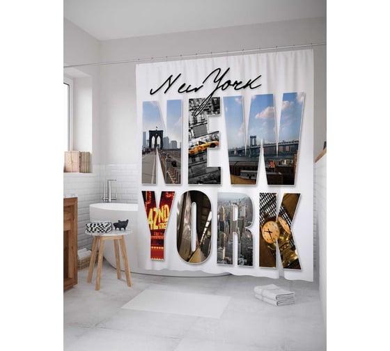 Штора (занавеска) для ванной JoyArty "Нью-йоркские достопримечательности" из сатена, 180х200 см с крючками, sc_15543 1