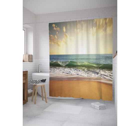 Штора (занавеска) для ванной JoyArty "Утро на волнах" из сатена, 180х200 см с крючками, sc_10257 1