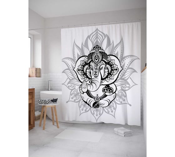 Штора (занавеска) для ванной JoyArty "Цветочный Ганеша" из сатена, 180х200 см с крючками, sc_16864 1