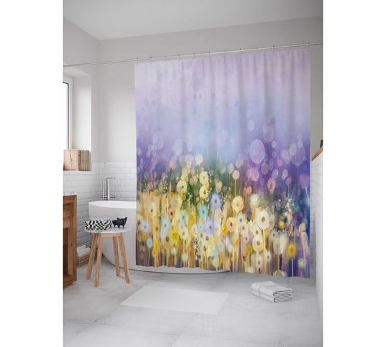 Штора (занавеска) для ванной JoyArty "Туманные одуванчики" из сатена, 180х200 см с крючками, sc_19546