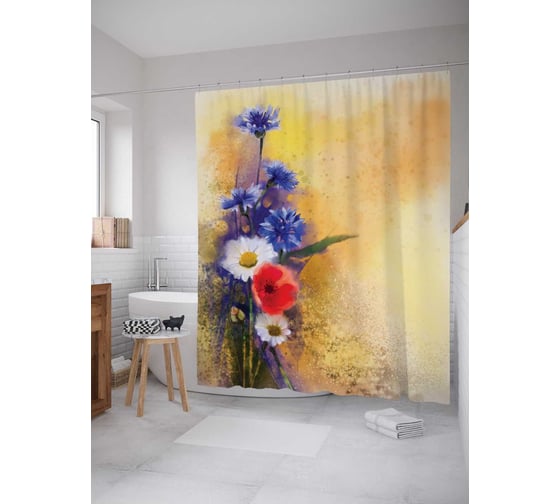 Штора (занавеска) для ванной JoyArty "Цветы фантазий" из сатена, 180х200 см с крючками, sc_19550 1