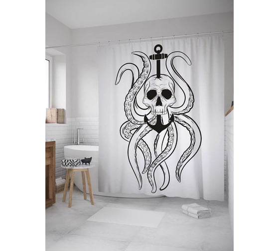 Штора (занавеска) для ванной JoyArty "Странная маска осьминога" из сатена, 180х200 см с крючками, sc_10499