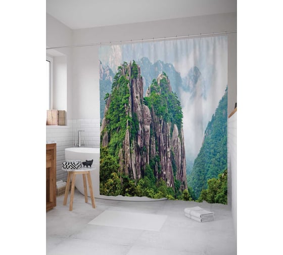 Штора (занавеска) для ванной JoyArty "Заросшие горы" из сатена, 180х200 см с крючками, sc_15300 1