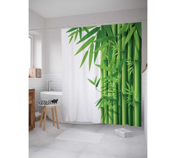 Штора (занавеска) для ванной JoyArty "Бамбуковые ростки" из сатена, 180х200 см с крючками, sc_13723 1