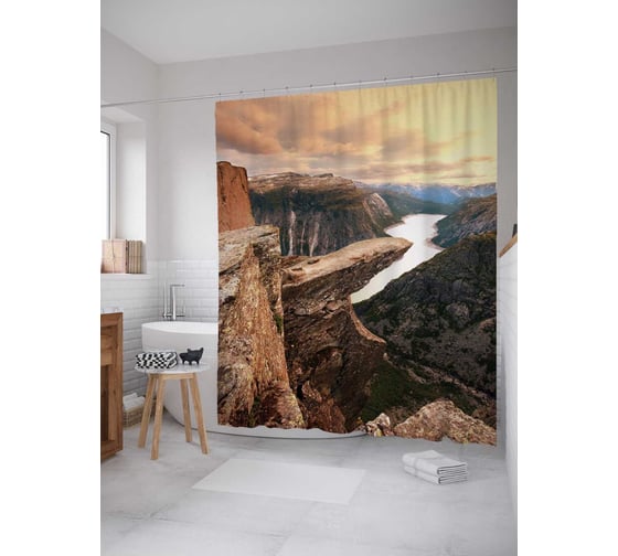 Штора (занавеска) для ванной JoyArty "Видимость с горы" из сатена, 180х200 см с крючками, sc_15303