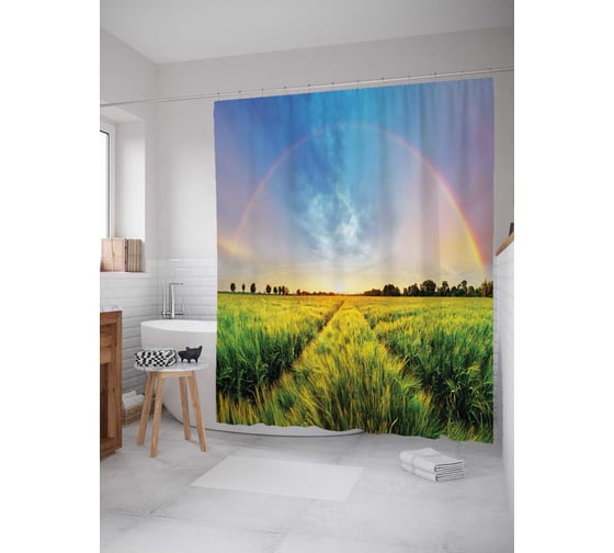 Штора (занавеска) для ванной JoyArty "Поле на радуге" из сатена, 180х200 см с крючками, sc_14895 1
