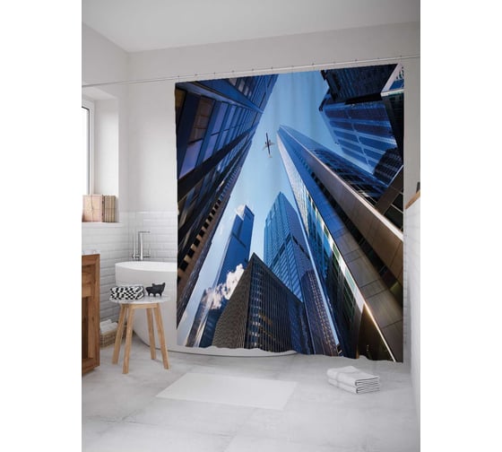 Штора (занавеска) для ванной JoyArty "Самолет над небоскребами" из сатена, 180х200 см с крючками, sc_25839 1
