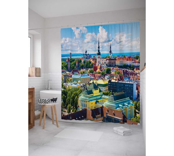 Штора (занавеска) для ванной JoyArty "Красочный город" из сатена, 180х200 см с крючками, sc_14426 1