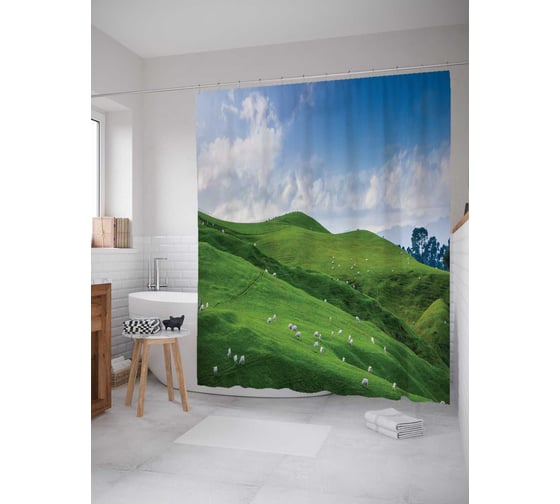 Штора (занавеска) для ванной JoyArty "Пастбище на холмах" из сатена, 180х200 см с крючками, sc_14891 1