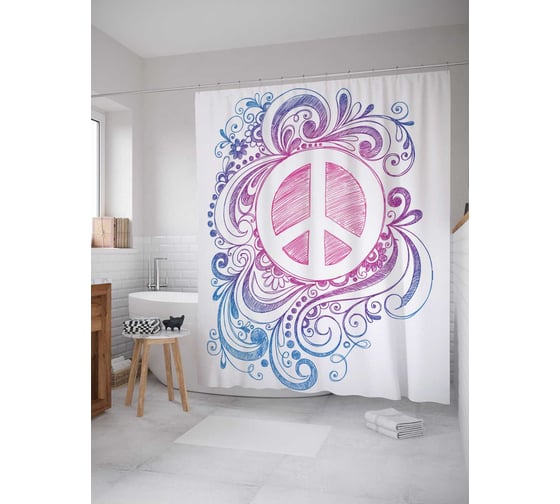 Штора (занавеска) для ванной JoyArty "Знак хиппи с узорами" из сатена, 180х200 см с крючками, sc_14924 1