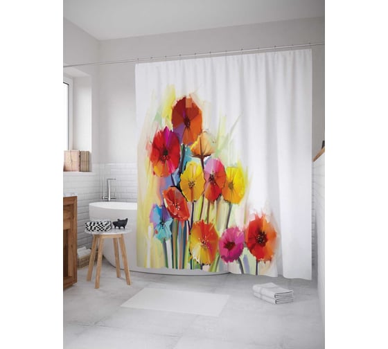 Штора (занавеска) для ванной JoyArty "Цветочные краски" из сатена, 180х200 см с крючками, sc_19557 1