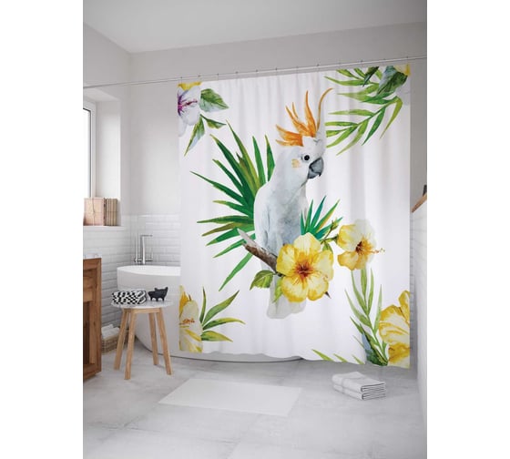 Штора (занавеска) для ванной JoyArty "Веселый попугай" из сатена, 180х200 см с крючками, sc_14974 1