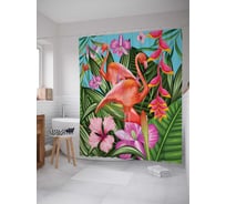 Штора (занавеска) для ванной JoyArty "Фламинго в цветах" из сатена, 180х200 см с крючками, sc_14669