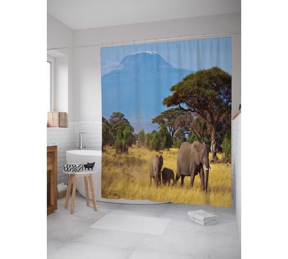 Штора (занавеска) для ванной JoyArty "Слоны путешествуют" из сатена, 180х200 см с крючками, sc_15371