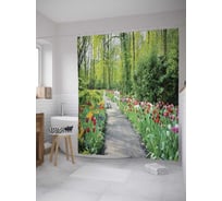 Штора (занавеска) для ванной JoyArty "Мощенная дорожка среди тюльпанов" из сатена, 180х200 см с крючками, sc_10333