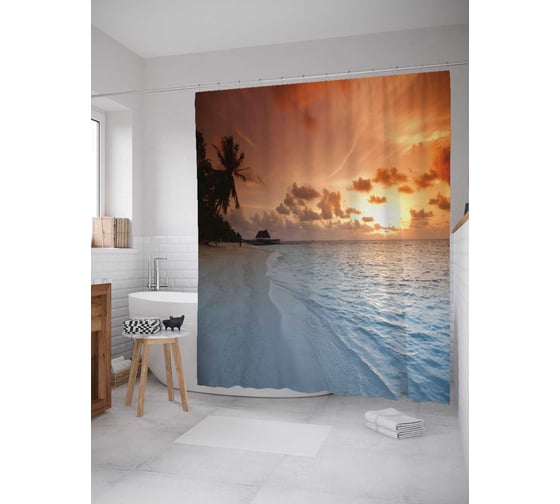 Штора (занавеска) для ванной JoyArty "Прогулка по берегу" из сатена, 180х200 см с крючками, sc_13808