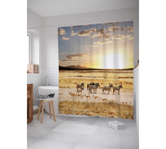 Штора (занавеска) для ванной JoyArty "Группа копытных" из сатена, 180х200 см с крючками, sc_15364