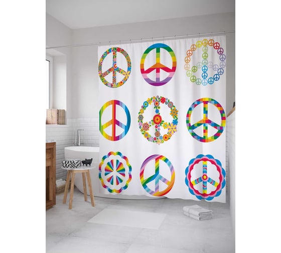Штора (занавеска) для ванной JoyArty "Мирные знаки" из сатена, 180х200 см с крючками, sc_10955 1