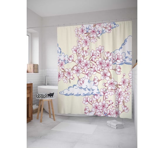 Штора (занавеска) для ванной JoyArty "Цветы за облаками" из сатена, 180х200 см с крючками, sc_14288 1
