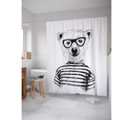 Штора (занавеска) для ванной JoyArty "Стильный медведь" из сатена, 180х200 см с крючками, sc_17060 1