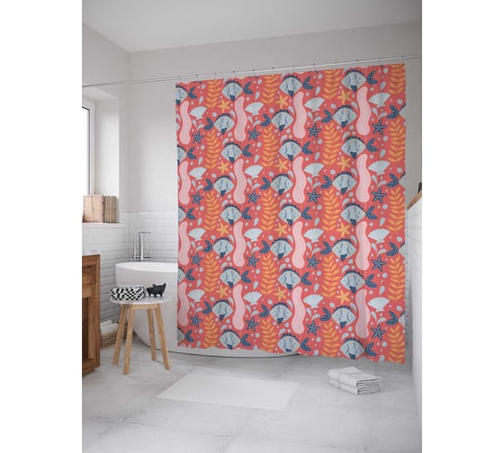 Штора (занавеска) для ванной JoyArty "Рыбки в западне" из сатена, 180х200 см с крючками, sc_164371 1