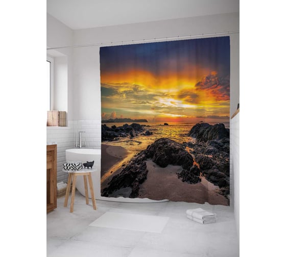 Штора (занавеска) для ванной JoyArty "Скальный проход к морю" из сатена, 180х200 см с крючками, sc_15340 1