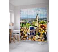 Штора (занавеска) для ванной JoyArty "Солнечный поселок" из сатена, 180х200 см с крючками, sc_14694