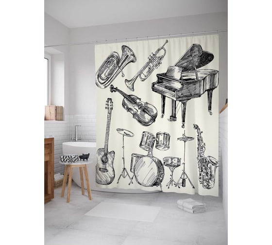 Штора (занавеска) для ванной JoyArty "Все для музыки" из сатена, 180х200 см с крючками, sc_16683