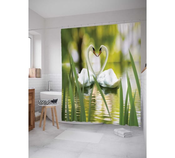 Штора (занавеска) для ванной JoyArty "Лебединая любовь" из сатена, 180х200 см с крючками, sc_2619 1