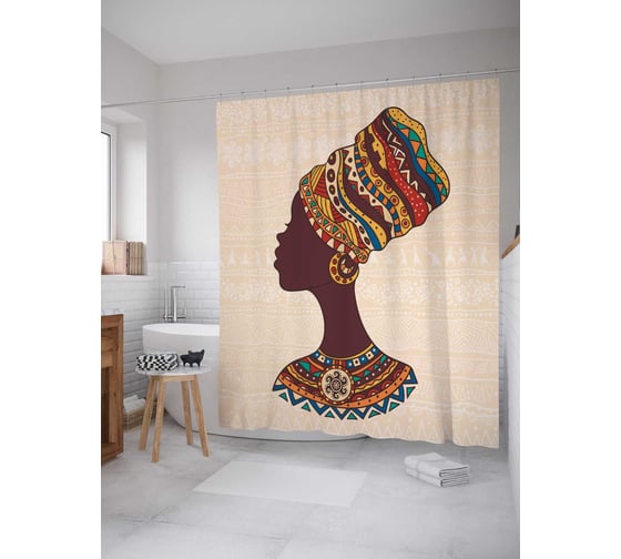 Штора (занавеска) для ванной JoyArty "Африканская девушка" из сатена, 180х200 см с крючками, sc_25912 1