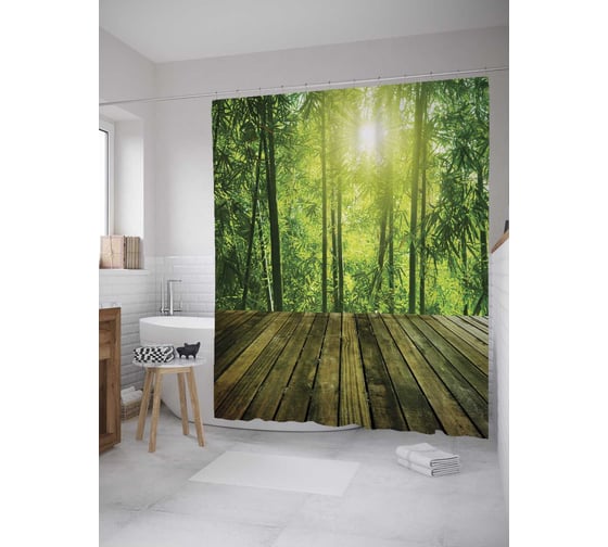 Штора (занавеска) для ванной JoyArty "Солнечный свет в лесу" из сатена, 180х200 см с крючками, sc_10019 1