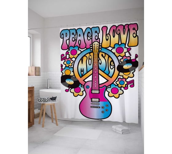 Штора (занавеска) для ванной JoyArty "Рок и мир" из сатена, 180х200 см с крючками, sc_10959 1