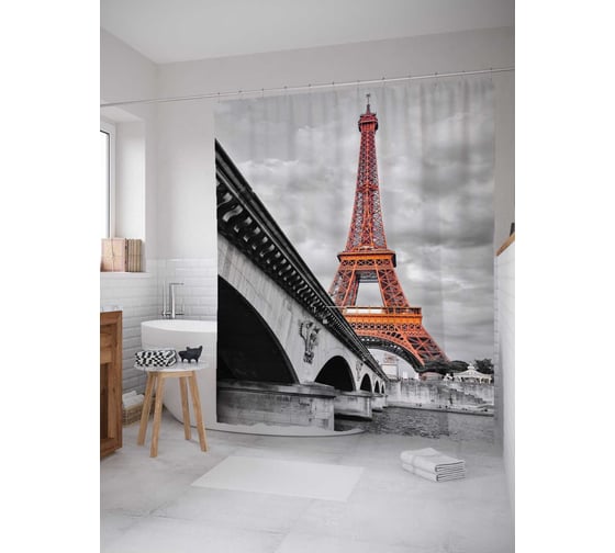 Штора (занавеска) для ванной JoyArty "Гордость Эйфеля" из сатена, 180х200 см с крючками, sc_11311