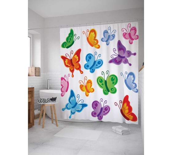 Штора (занавеска) для ванной JoyArty "Ветренные бабочки" из сатена, 180х200 см с крючками, sc_13606 1
