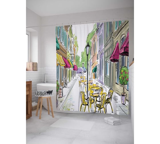 Штора (занавеска) для ванной JoyArty "Уличные столики" из сатена, 180х200 см с крючками, sc_2728 1