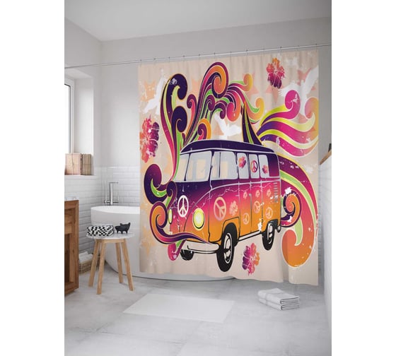 Штора (занавеска) для ванной JoyArty "Настроение хиппи" из сатена, 180х200 см с крючками, sc_2921 1