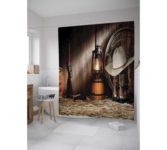 Штора (занавеска) для ванной JoyArty "Вечер у ковбоя" из сатена, 180х200 см с крючками, sc_10235 1