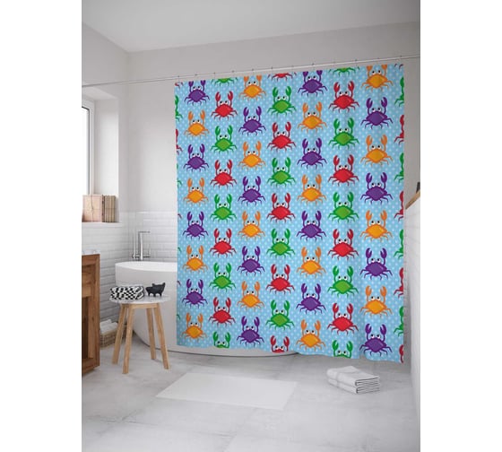 Штора (занавеска) для ванной JoyArty "Крабы поклоняются" из сатена, 180х200 см с крючками, sc_27234 1