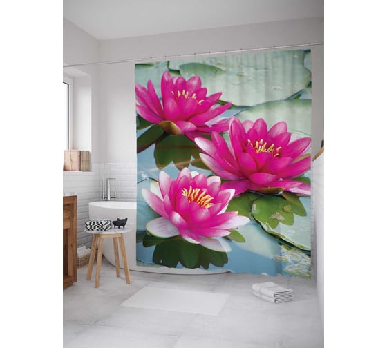 Штора (занавеска) для ванной JoyArty "Река с цветами" из сатена, 180х200 см с крючками, sc_2607 1
