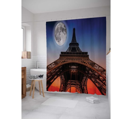 Штора (занавеска) для ванной JoyArty "Эйфелева башня в свете луны" из сатена, 180х200 см с крючками, sc_16238 1