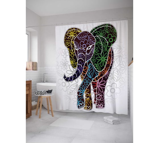 Штора (занавеска) для ванной JoyArty "Цветы на слоне" из сатена, 180х200 см с крючками, sc_16954 1