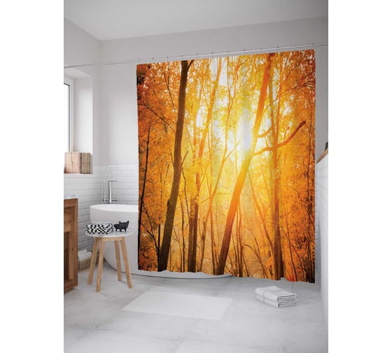 Штора (занавеска) для ванной JoyArty "Осеннее солнце в лесу" из сатена, 180х200 см с крючками, sc_14618 1
